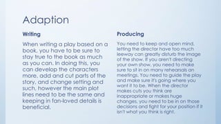 Adaption
Writing
When writing a play based on a
book, you have to be sure to
stay true to the book as much
as you can. In doing this, you
can develop the characters
more, add and cut parts of the
story, and change setting and
such, however the main plot
lines need to be the same and
keeping in fan-loved details is
beneficial.
Producing
You need to keep and open mind,
letting the director have too much
leeway can greatly disturb the image
of the show. If you aren't directing
your own show, you need to make
sure to sit in on many rehearsals an
meetings. You need to guide the play
and make sure it's going where you
want it to be. When the director
makes cuts you think are
inappropriate or makes huge
changes, you need to be in on those
decisions and fight for your position if it
isn't what you think is right.
 