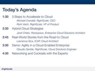 #2#
#rightscale!
Today’s Agenda!
1:30 
3 Steps to Accelerate to Cloud

 
 
Michael Crandell, RightScale, CEO

 
 
Rishi Vaish, RightScale, VP of Product
2:30 
Hybrid Cloud Strategies

 
 
Jaret Chiles, Rackspace, Enterprise Cloud Solutions Architect!
2:45 
Real-World Stories from the Road to Cloud

 
 
Lawrence Sica, ICAP, Cloud Architect
3:30 
Demo: Agility in a Cloud-Enabled Enterprise

 
 
Claudio Gentile, RightScale, Cloud Solutions Engineer
4:30 
Networking and Cocktails with the Experts
 