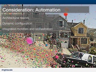 #23#
#rightscale!
Consideration: Automation!
Architectural rework
Dynamic conﬁguration
Integrated monitors and orchestration
 
