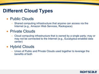 Public Clouds Shared computing infrastructure that anyone can access via the Internet (e.g., Amazon Web Services, Rackspace) Private Clouds Cloud computing infrastructure that is owned by a single party; may or may not be connected to the Internet (e.g., Eucalyptus-enabled data center) Hybrid Clouds Union of Public and Private Clouds used together to leverage the benefits of both Different Cloud Types 