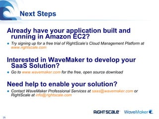 Already have your application built and running in Amazon EC2? Try signing up for a free trial of RightScale’s Cloud Management Platform at  www.rightscale.com Interested in WaveMaker to develop your SaaS Solution? Go to  www.wavemaker.com  for the free, open source download Need help to enable your solution? Contact WaveMaker Professional Services at  [email_address]  or RightScale at  [email_address] Next Steps 