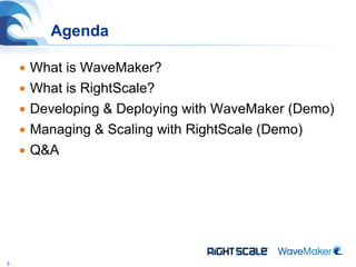 Agenda What is WaveMaker? What is RightScale? Developing & Deploying with WaveMaker (Demo) Managing & Scaling with RightScale (Demo) Q&A 