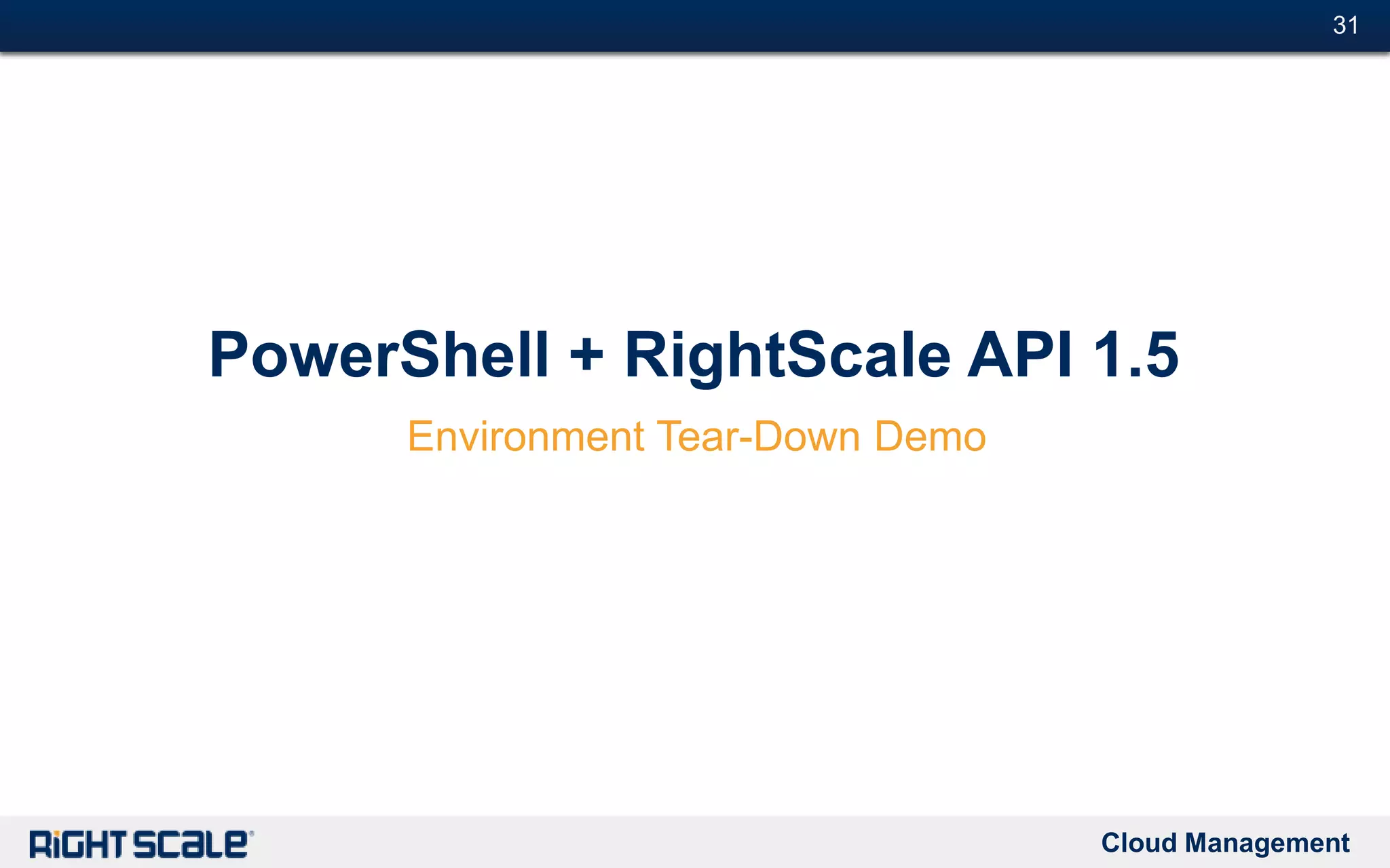 Cloud Management
#31#31
PowerShell + RightScale API 1.5
Environment Tear-Down Demo
 