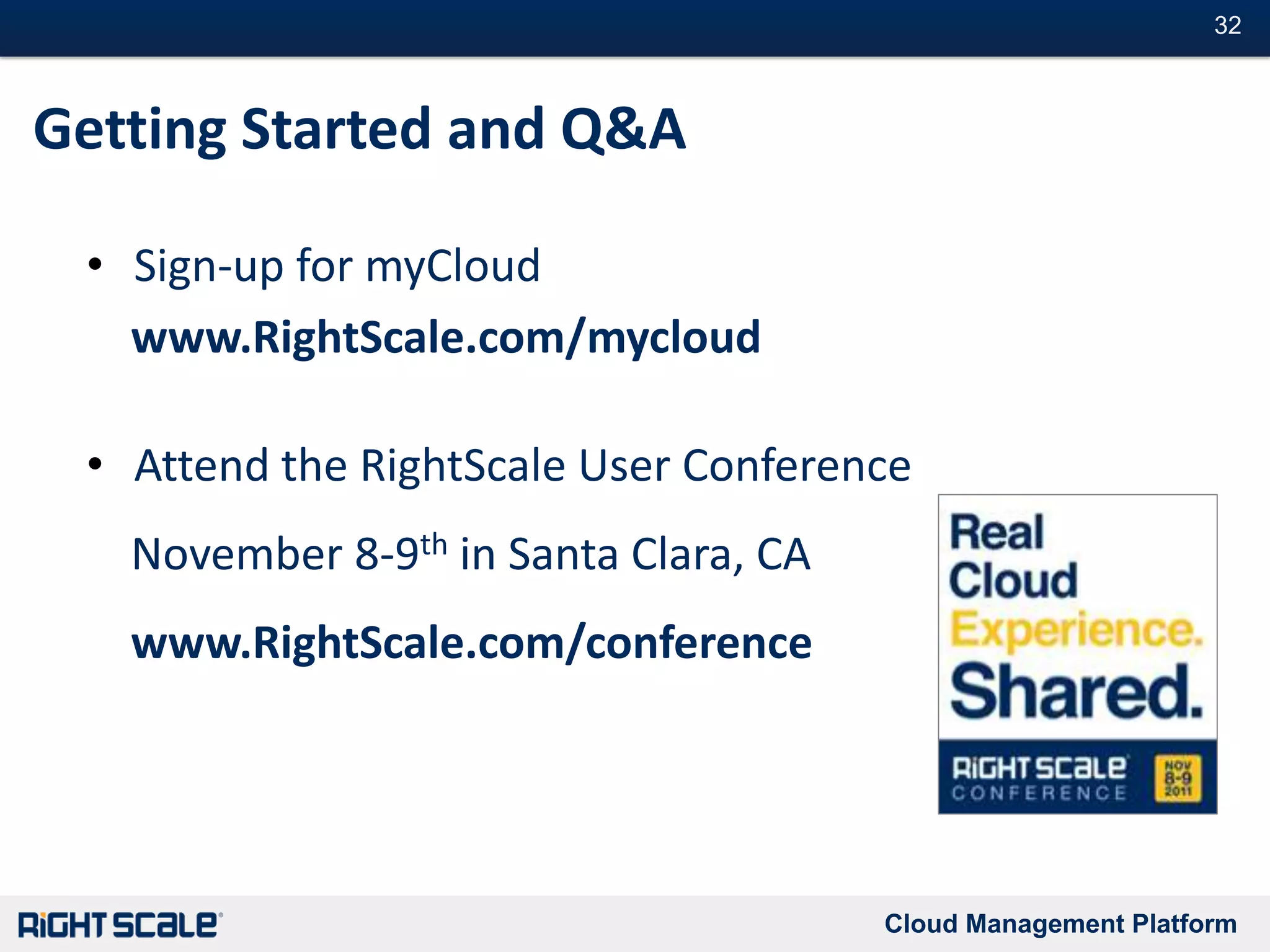 e.g. Web Apps, Dev/Test, Self-Service, etcApplications & DataRightScale Cloud Management PlatformApplication CodeMiddleware AutomationOS ImagePrivatePublicApplication Programming InterfaceCloud Infrastructure SoftwareVirtual Servers & NetworkingCloud & Storage ControllerHypervisorCloud Infrastructure HardwareHost Servers – CPU, MemoryNetworkingStorageCloud Technology Stack for Applications