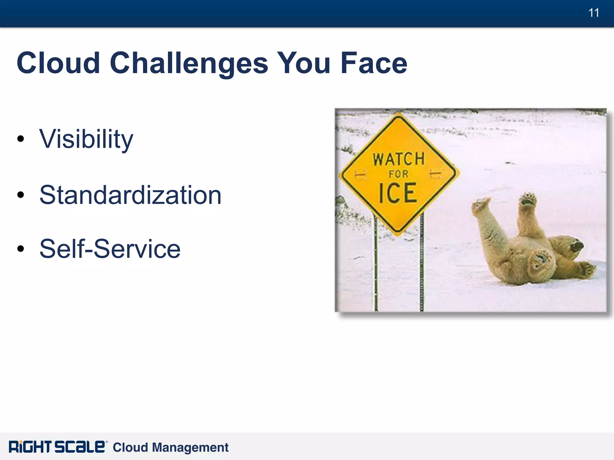 11
#

Cloud Challenges You Face
•  Visibility
•  Standardization
•  Self-Service

Cloud Management!

 