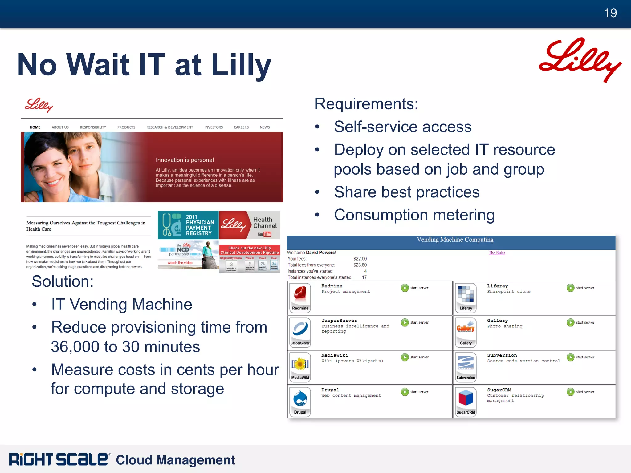19
#

No Wait IT at Lilly
Requirements:
•  Self-service access
•  Deploy on selected IT resource
pools based on job and group
•  Share best practices
•  Consumption metering

Solution:
•  IT Vending Machine
•  Reduce provisioning time from
36,000 to 30 minutes
•  Measure costs in cents per hour
for compute and storage

Cloud Management!

 