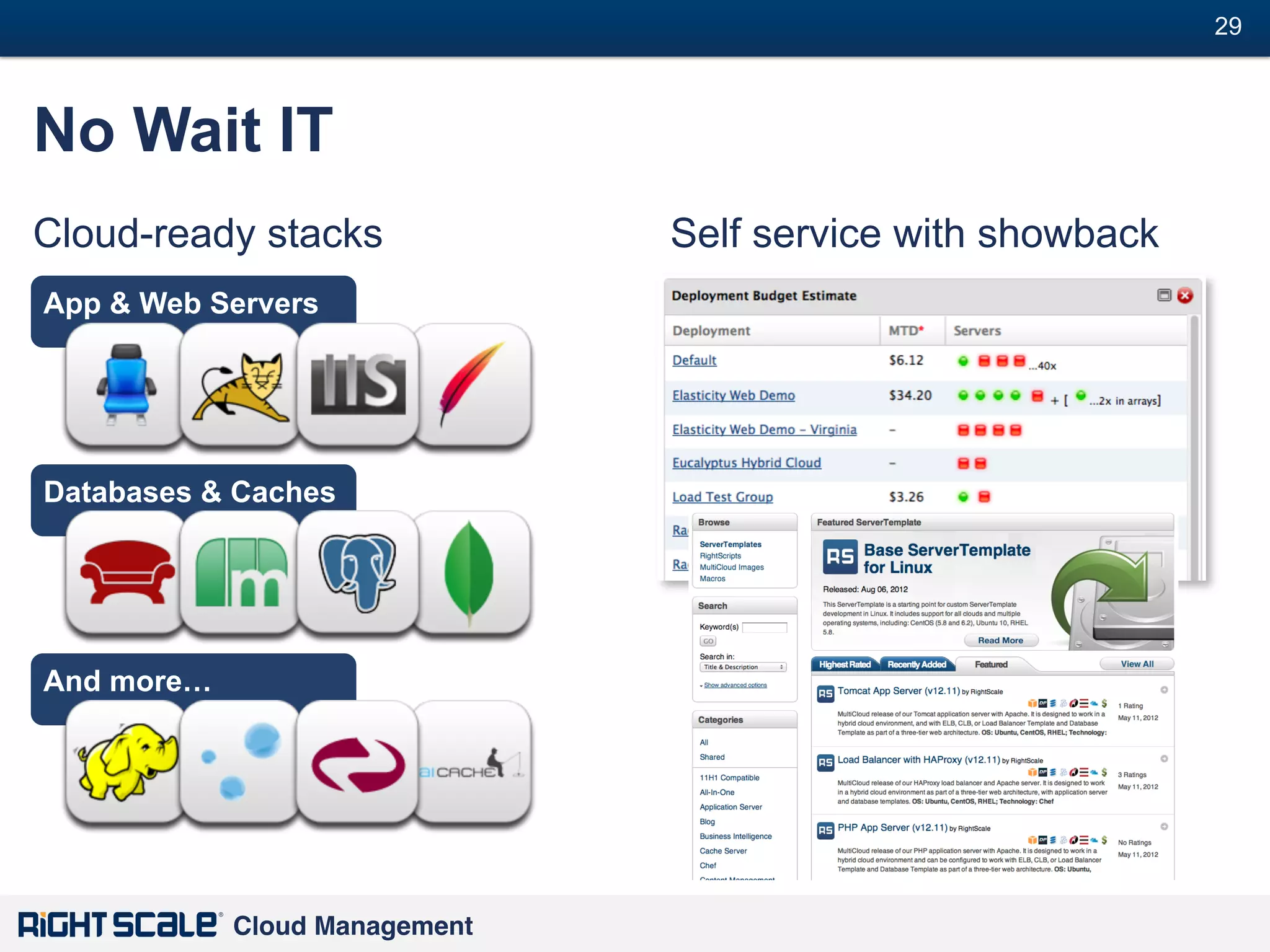29
#

No Wait IT
Cloud-ready stacks
App & Web Servers

Databases & Caches

And more…

Cloud Management!

Self service with showback

 