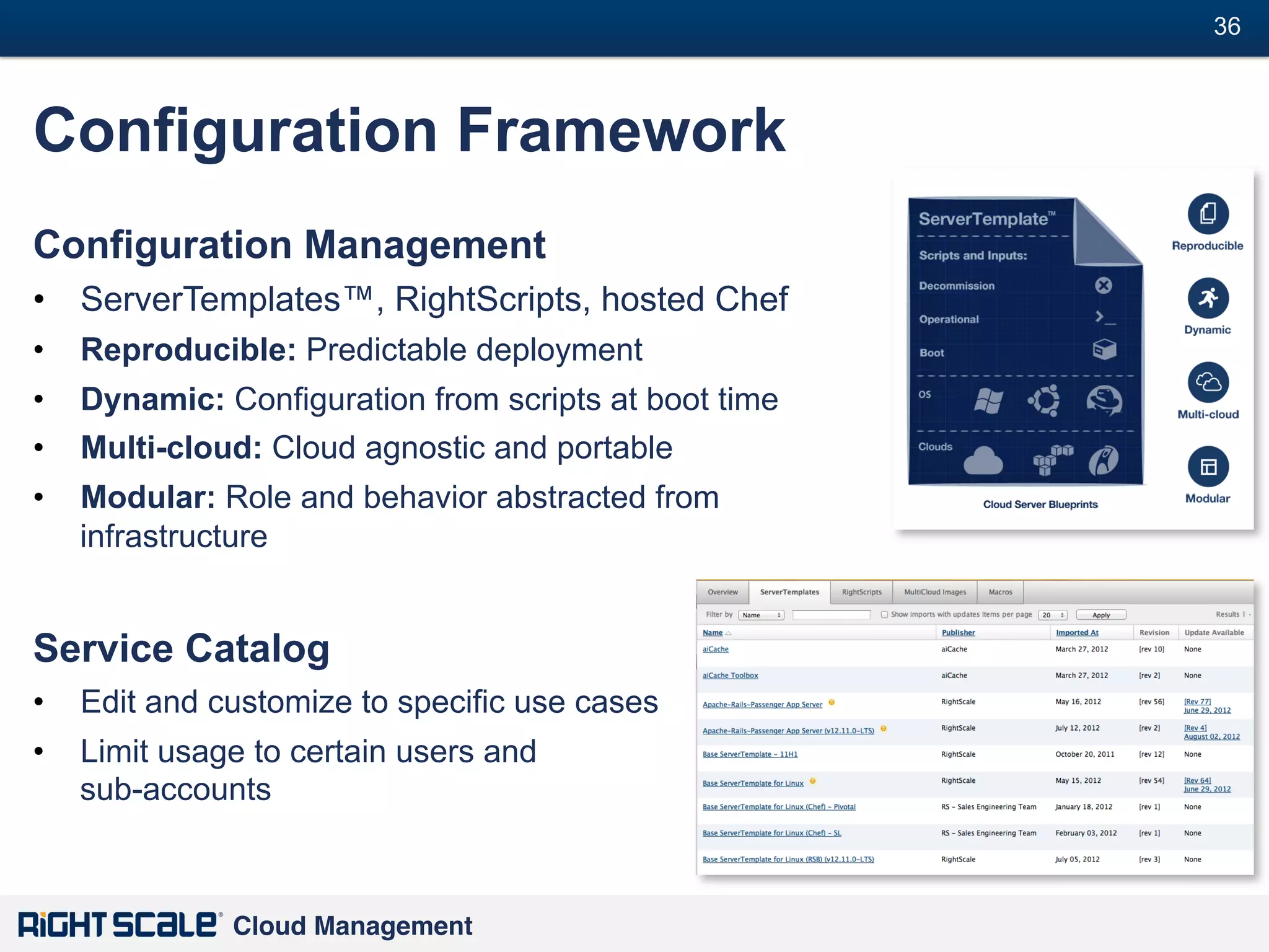 36
#

Configuration Framework
Configuration Management
•  ServerTemplates™, RightScripts, hosted Chef
•  Reproducible: Predictable deployment
•  Dynamic: Configuration from scripts at boot time
•  Multi-cloud: Cloud agnostic and portable
•  Modular: Role and behavior abstracted from
infrastructure

Service Catalog
•  Edit and customize to specific use cases
•  Limit usage to certain users and
sub-accounts

Cloud Management!

 