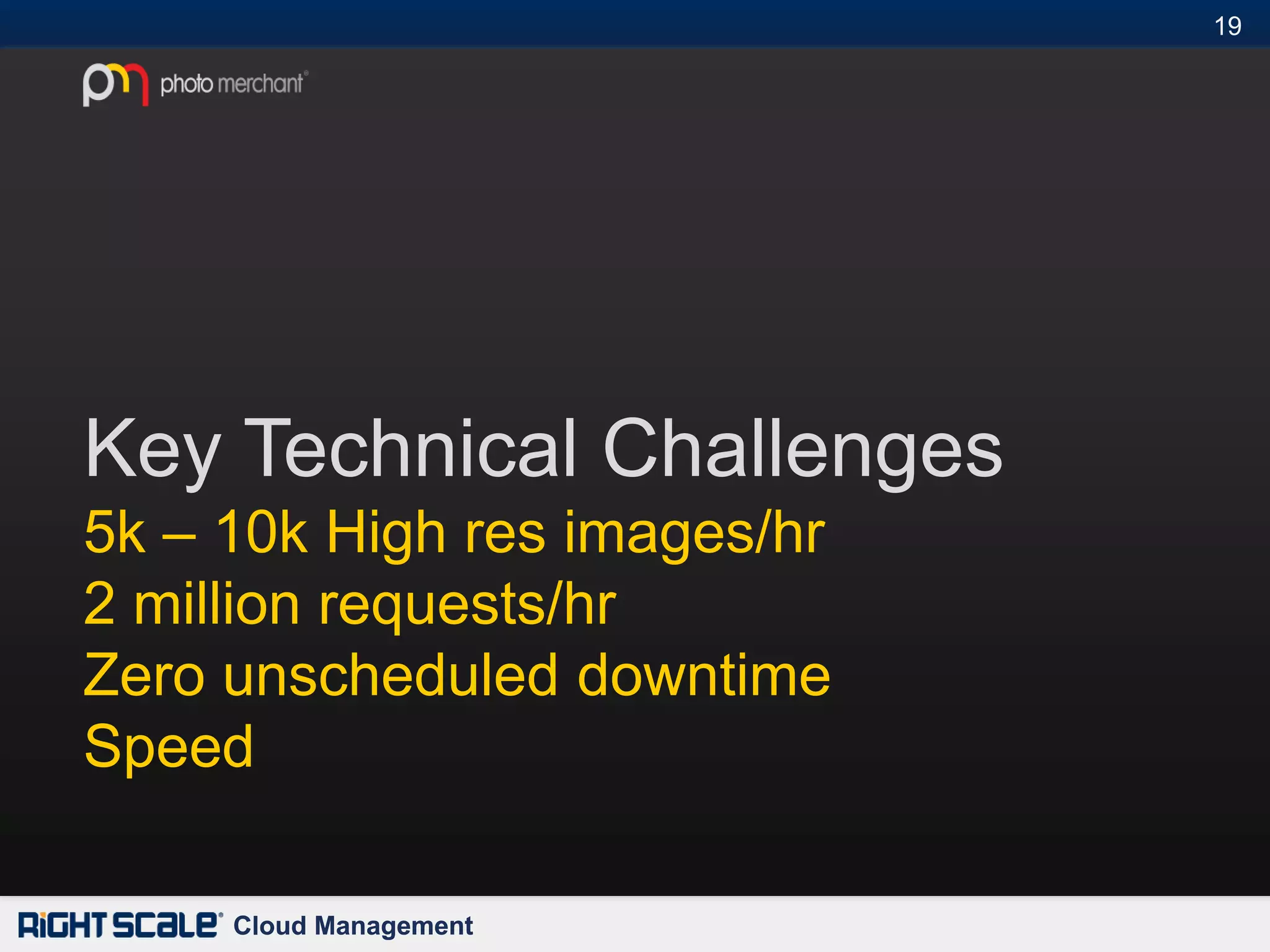 19#




Key Technical Challenges
5k – 10k High res images/hr
2 million requests/hr
Zero unscheduled downtime
Speed

     Cloud Management
 
