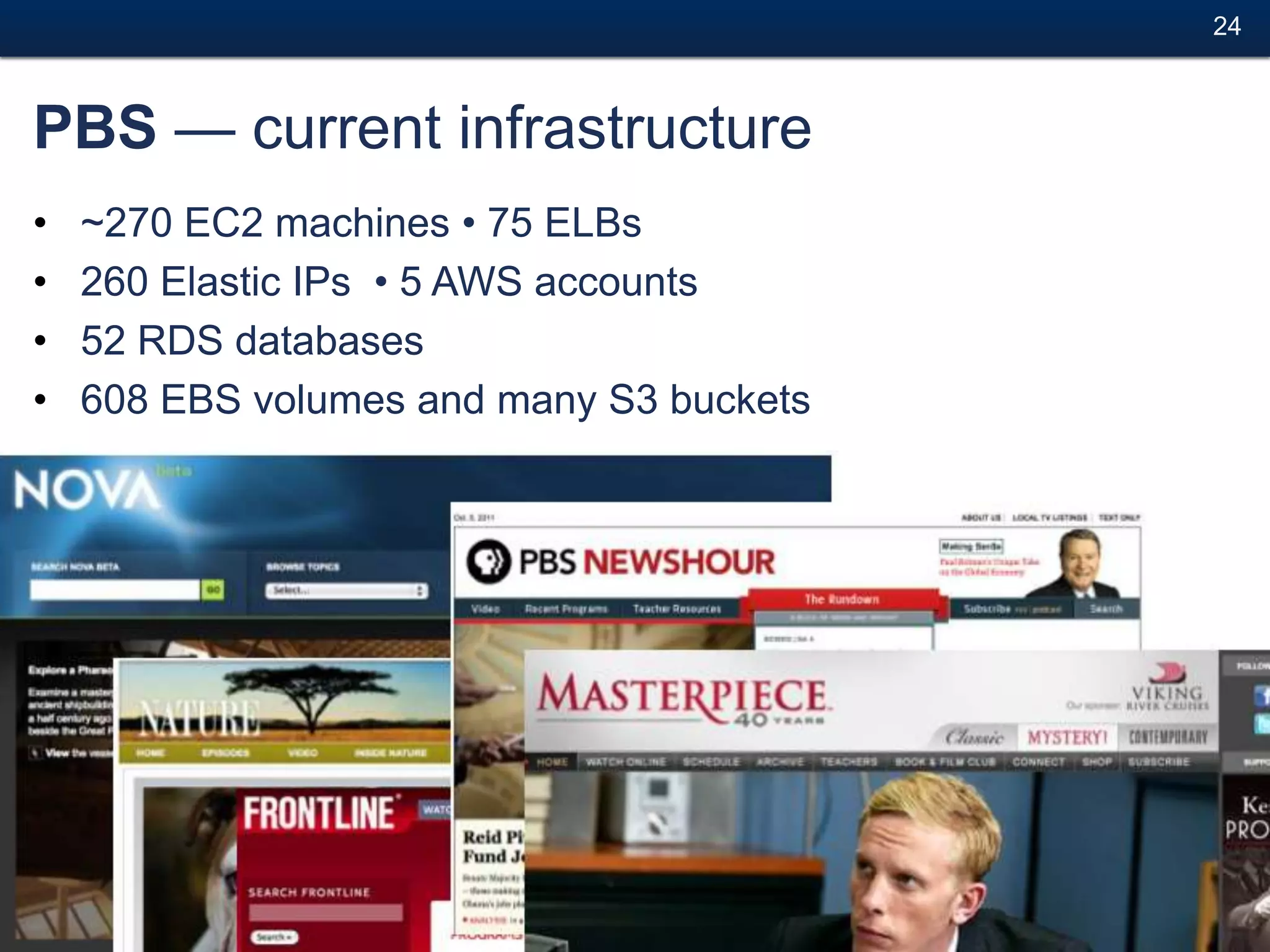 24#



PBS — current infrastructure
•   ~270 EC2 machines • 75 ELBs
•   260 Elastic IPs • 5 AWS accounts
•   52 RDS databases
•   608 EBS volumes and many S3 buckets




           Cloud Management
 