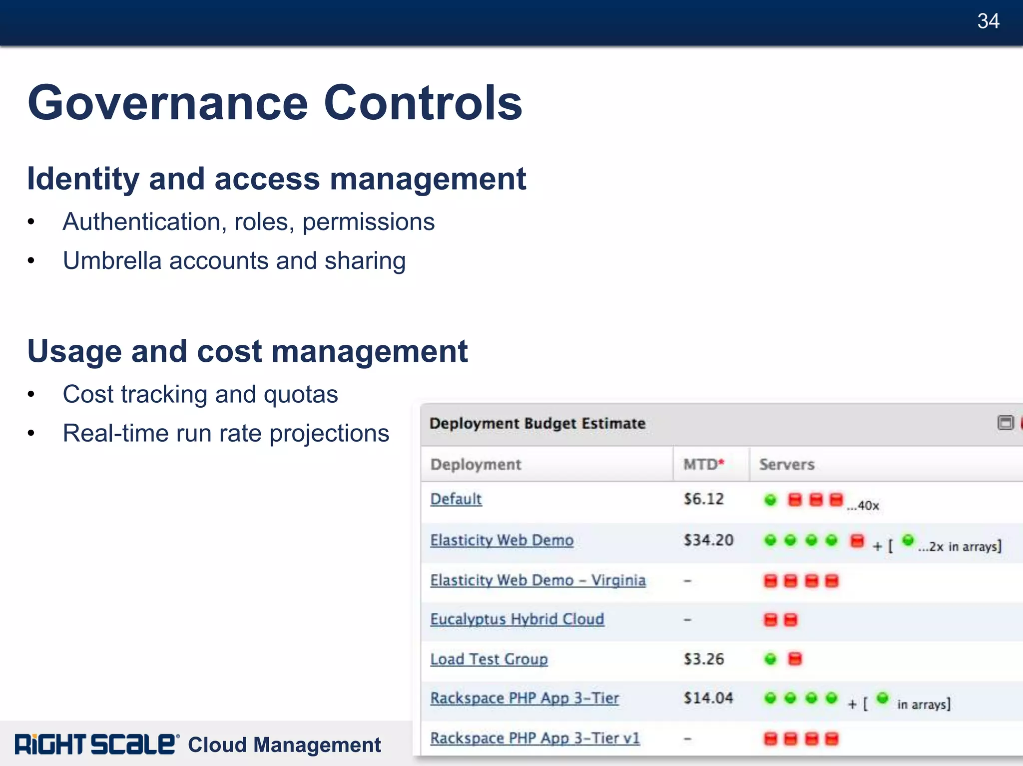 34#



Governance Controls
Identity and access management
•   Authentication, roles, permissions
•   Umbrella accounts and sharing


Usage and cost management
•   Cost tracking and quotas
•   Real-time run rate projections




               Cloud Management
 