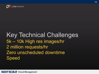 19#




Key Technical Challenges
5k – 10k High res images/hr
2 million requests/hr
Zero unscheduled downtime
Speed

     Cloud Management
 