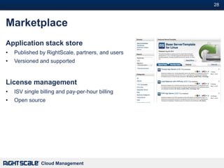 28#



Marketplace
Application stack store
•   Published by RightScale, partners, and users
•   Versioned and supported


License management
•   ISV single billing and pay-per-hour billing
•   Open source




               Cloud Management
 