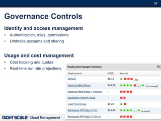 34#



Governance Controls
Identity and access management
•   Authentication, roles, permissions
•   Umbrella accounts and sharing


Usage and cost management
•   Cost tracking and quotas
•   Real-time run rate projections




               Cloud Management
 