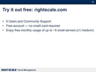 35#



Try it out free: rightscale.com

• 5 Users and Community Support
• Free account — no credit card required
• Enjoy free monthly usage of up to ~5 small servers (c1.medium)




          Cloud Management
 