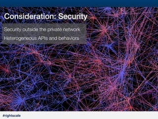 16
#

Consideration: Security !
Security outside the private network
Heterogeneous APIs and behaviors

#rightscale!

 