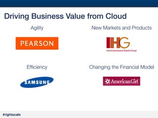 24
#

Driving Business Value from Cloud!
Agility

Efﬁciency

#rightscale!

New Markets and Products

Changing the Financial Model

 