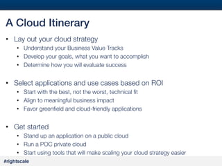 42
#

A Cloud Itinerary!
•  Lay out your cloud strategy
•  Understand your Business Value Tracks
•  Develop your goals, what you want to accomplish
•  Determine how you will evaluate success

•  Select applications and use cases based on ROI
•  Start with the best, not the worst, technical ﬁt
•  Align to meaningful business impact
•  Favor greenﬁeld and cloud-friendly applications

•  Get started
•  Stand up an application on a public cloud
•  Run a POC private cloud
•  Start using tools that will make scaling your cloud strategy easier
#rightscale!

 