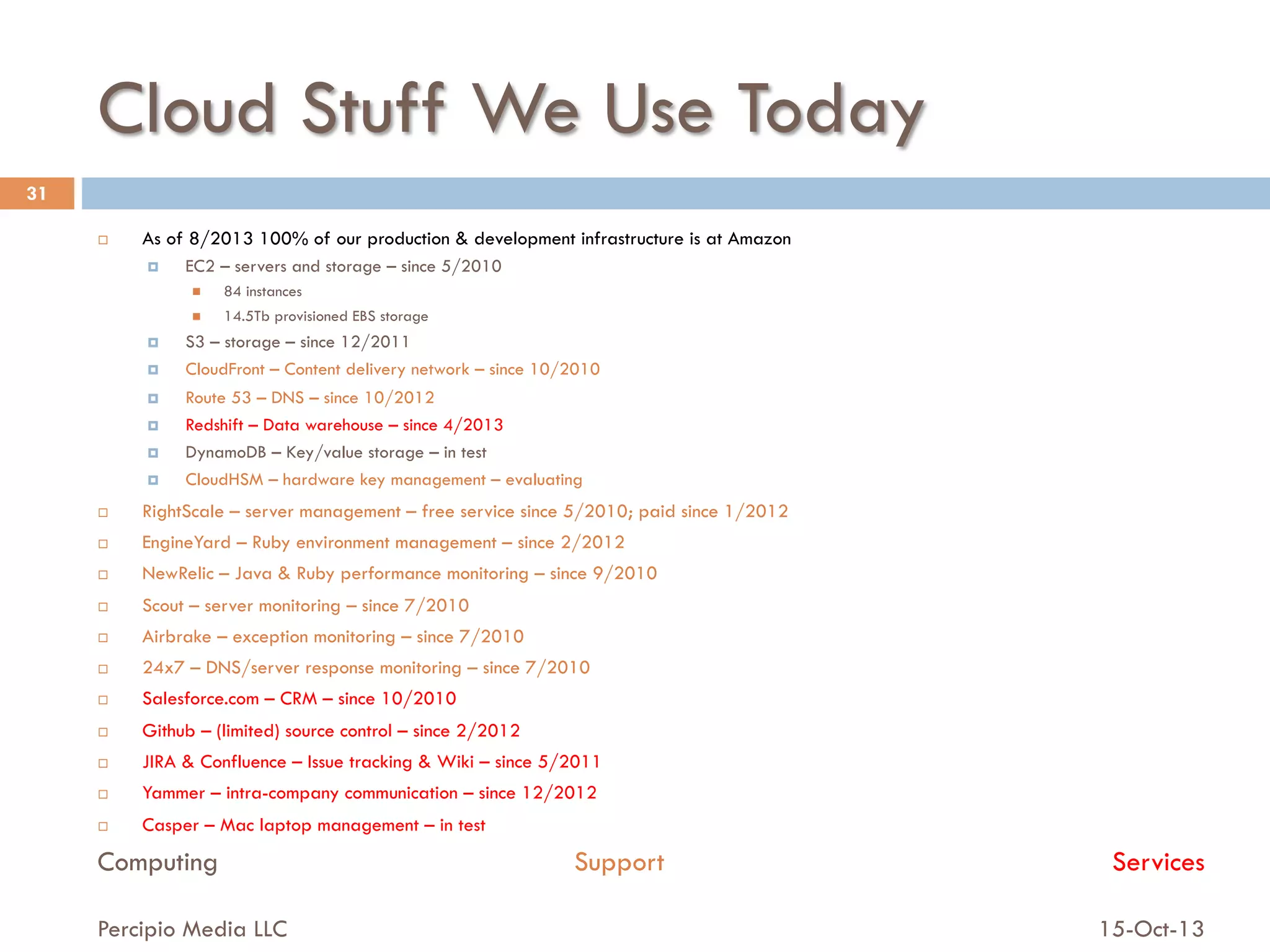 Cloud Stuff We Use Today
31
¨ 

As of 8/2013 100% of our production & development infrastructure is at Amazon
¤ 

EC2 – servers and storage – since 5/2010
n 
n 

¤ 
¤ 
¤ 
¤ 
¤ 
¤ 

84 instances
14.5Tb provisioned EBS storage

S3 – storage – since 12/2011
CloudFront – Content delivery network – since 10/2010
Route 53 – DNS – since 10/2012
Redshift – Data warehouse – since 4/2013
DynamoDB – Key/value storage – in test
CloudHSM – hardware key management – evaluating

¨ 

RightScale – server management – free service since 5/2010; paid since 1/2012

¨ 

EngineYard – Ruby environment management – since 2/2012

¨ 

NewRelic – Java & Ruby performance monitoring – since 9/2010

¨ 

Scout – server monitoring – since 7/2010

¨ 

Airbrake – exception monitoring – since 7/2010

¨ 

24x7 – DNS/server response monitoring – since 7/2010

¨ 

Salesforce.com – CRM – since 10/2010

¨ 

Github – (limited) source control – since 2/2012

¨ 

JIRA & Confluence – Issue tracking & Wiki – since 5/2011

¨ 

Yammer – intra-company communication – since 12/2012

¨ 

Casper – Mac laptop management – in test

Computing
Percipio Media LLC

Support

Services
15-Oct-13

 