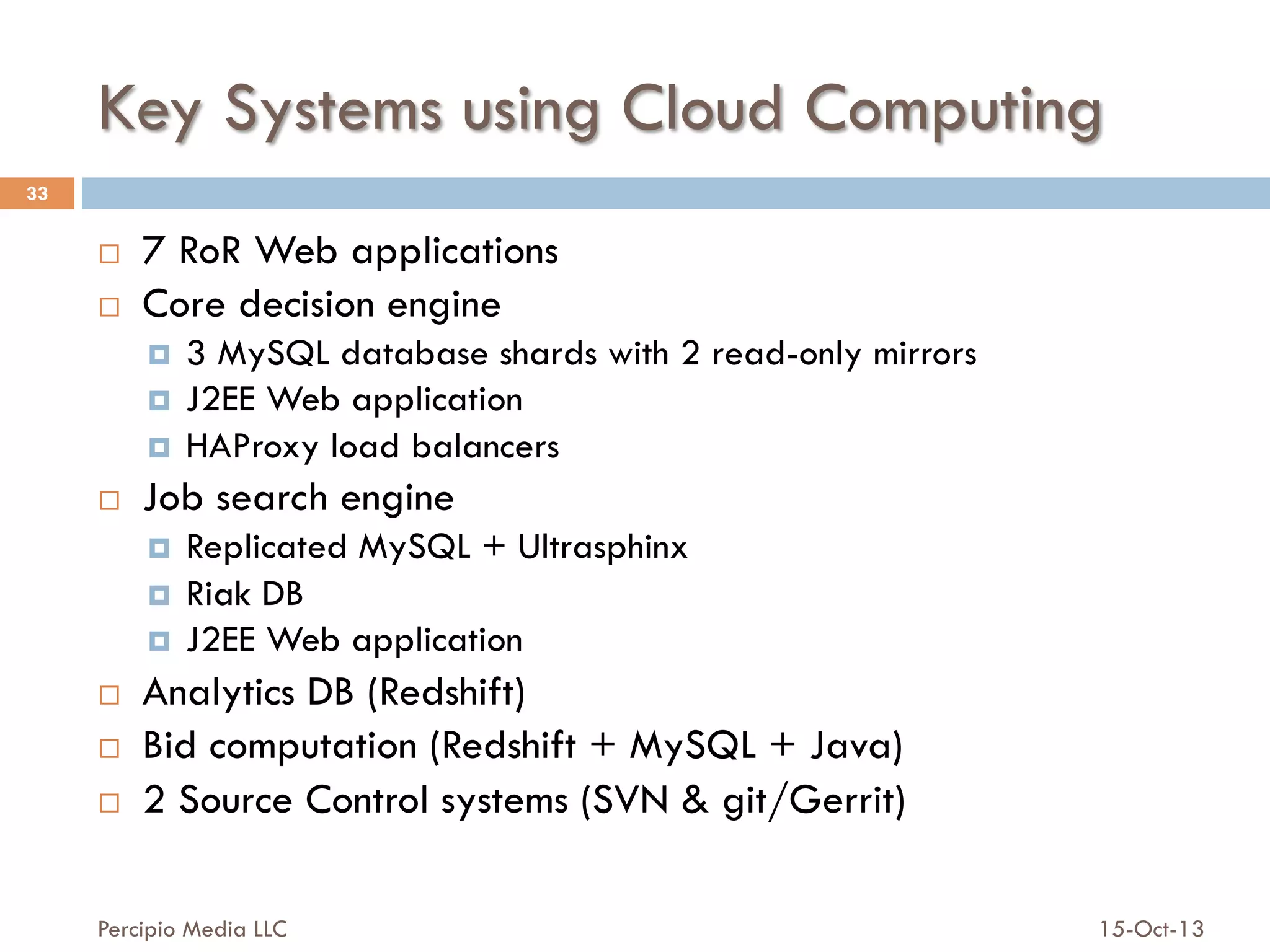 Key Systems using Cloud Computing
33

¨ 
¨ 

7 RoR Web applications
Core decision engine
3 MySQL database shards with 2 read-only mirrors
¤  J2EE Web application
¤  HAProxy load balancers
¤ 

¨ 

Job search engine
Replicated MySQL + Ultrasphinx
¤  Riak DB
¤  J2EE Web application
¤ 

¨ 
¨ 
¨ 

Analytics DB (Redshift)
Bid computation (Redshift + MySQL + Java)
2 Source Control systems (SVN & git/Gerrit)

Percipio Media LLC

15-Oct-13

 