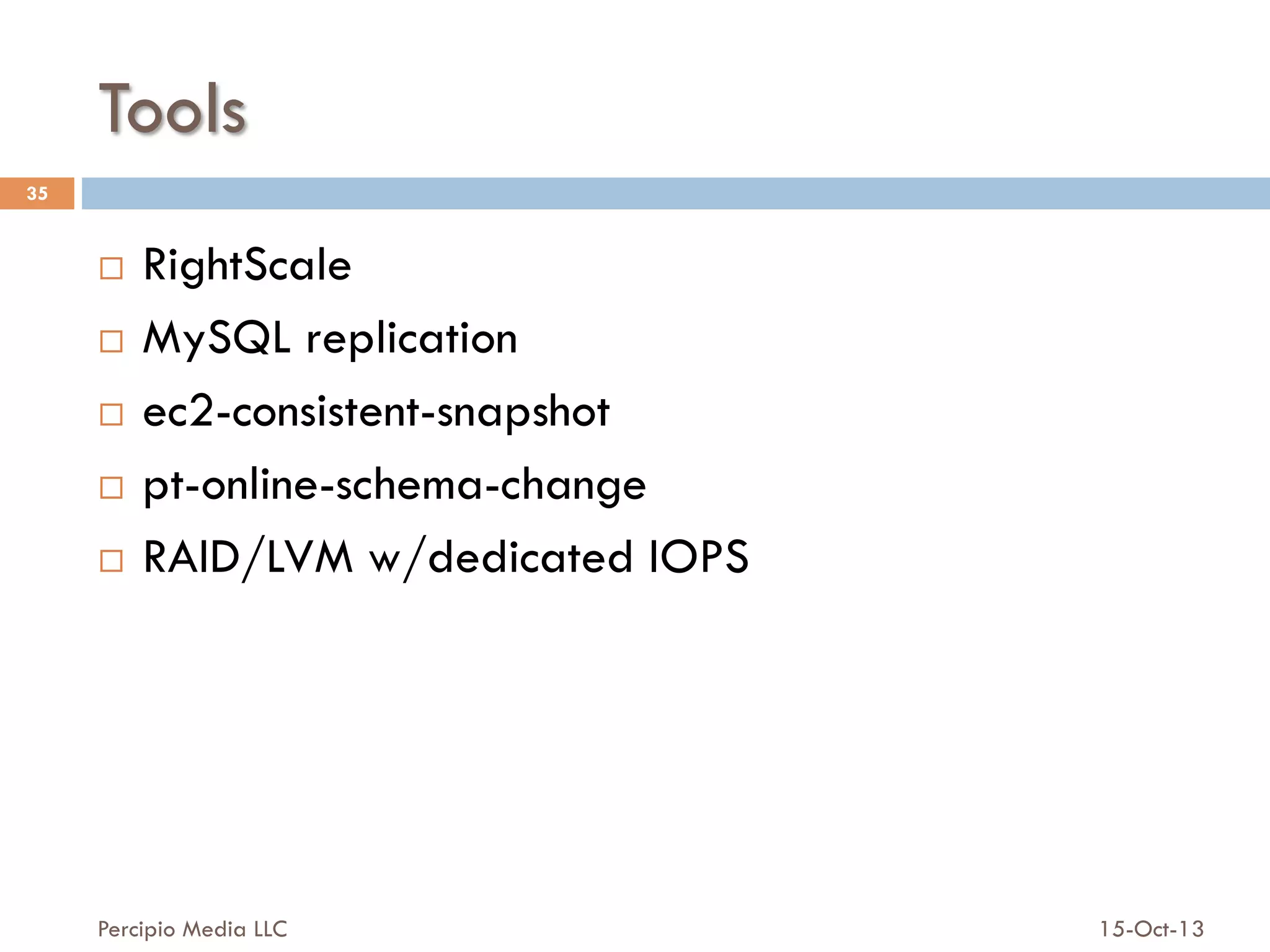 Tools
35

RightScale
¨  MySQL replication
¨  ec2-consistent-snapshot
¨  pt-online-schema-change
¨  RAID/LVM w/dedicated IOPS
¨ 

Percipio Media LLC

15-Oct-13

 
