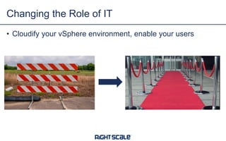 Changing the Role of IT
• Cloudify your vSphere environment, enable your users

Virtualization

Cloud Computing

 