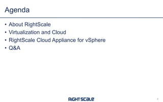 Agenda
•
•
•
•

About RightScale
Virtualization and Cloud
RightScale Cloud Appliance for vSphere
Q&A

2

 