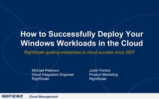 How to Successfully Deploy Your
Windows Workloads in the Cloud
RightScale guiding enterprises to cloud success since 2007

Michael Peterson
Cloud Integration Engineer
RightScale

Cloud Management

Justin Fenton
Product Marketing
RightScale

 