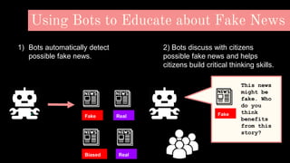 Using Bots to Educate about Fake News
1) Bots automatically detect
possible fake news.
2) Bots discuss with citizens
possi...