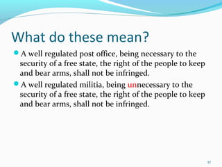 What do these mean?
A well regulated post office, being necessary to the
security of a free state, the right of the people to keep
and bear arms, shall not be infringed.
A well regulated militia, being unnecessary to the
security of a free state, the right of the people to keep
and bear arms, shall not be infringed.
57
 