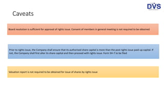 Caveats
Board resolution is sufficient for approval of rights issue. Consent of members in general meeting is not required to be obtained
Prior to rights issue, the Company shall ensure that its authorised share capital is more than the post rights issue paid-up capital. If
not, the Company shall first alter its share capital and then proceed with rights issue. Form SH-7 to be filed
Valuation report is not required to be obtained for issue of shares by rights issue
 