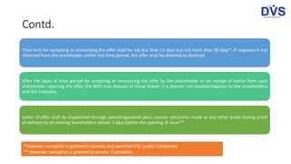 Contd.
Time limit for accepting or renouncing the offer shall be not less than 15 days but not more than 30 days*. If response is not
obtained from the shareholder within this time period, the offer shall be deemed as declined
After the lapse of time period for accepting or renouncing the offer by the shareholder or on receipt of notice from such
shareholder rejecting the offer, the BOD may dispose of those shares in a manner not disadvantageous to the shareholders
and the Company
Letter of offer shall be dispatched through speed/registered post, courier, electronic mode or any other mode having proof
of delivery to all existing shareholders atleast 3 days before the opening of issue**
*However, exception is granted to private and specified IFSC public Companies
** However, exception is granted to private Companies
 