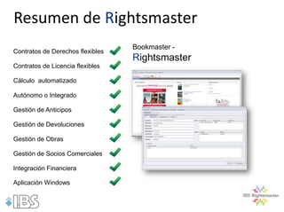 Resumen de Rightsmaster
                                  Bookmaster -
Contratos de Derechos flexibles
                                  Rightsmaster
Contratos de Licencia flexibles

Cálculo automatizado

Autónomo o Integrado

Gestión de Anticipos

Gestión de Devoluciones

Gestión de Obras

Gestión de Socios Comerciales

Integración Financiera

Aplicación Windows
 