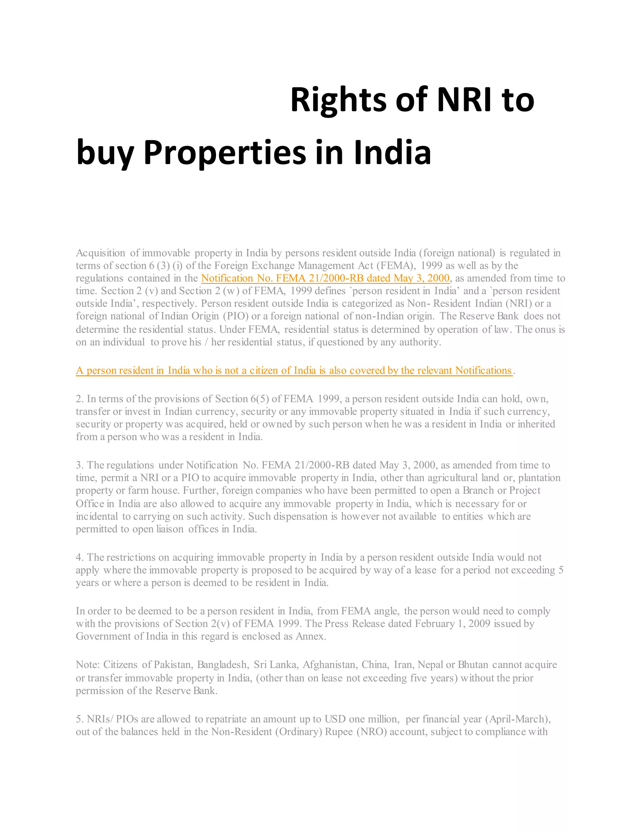 Rights of NRI to buy properties in India | PDF