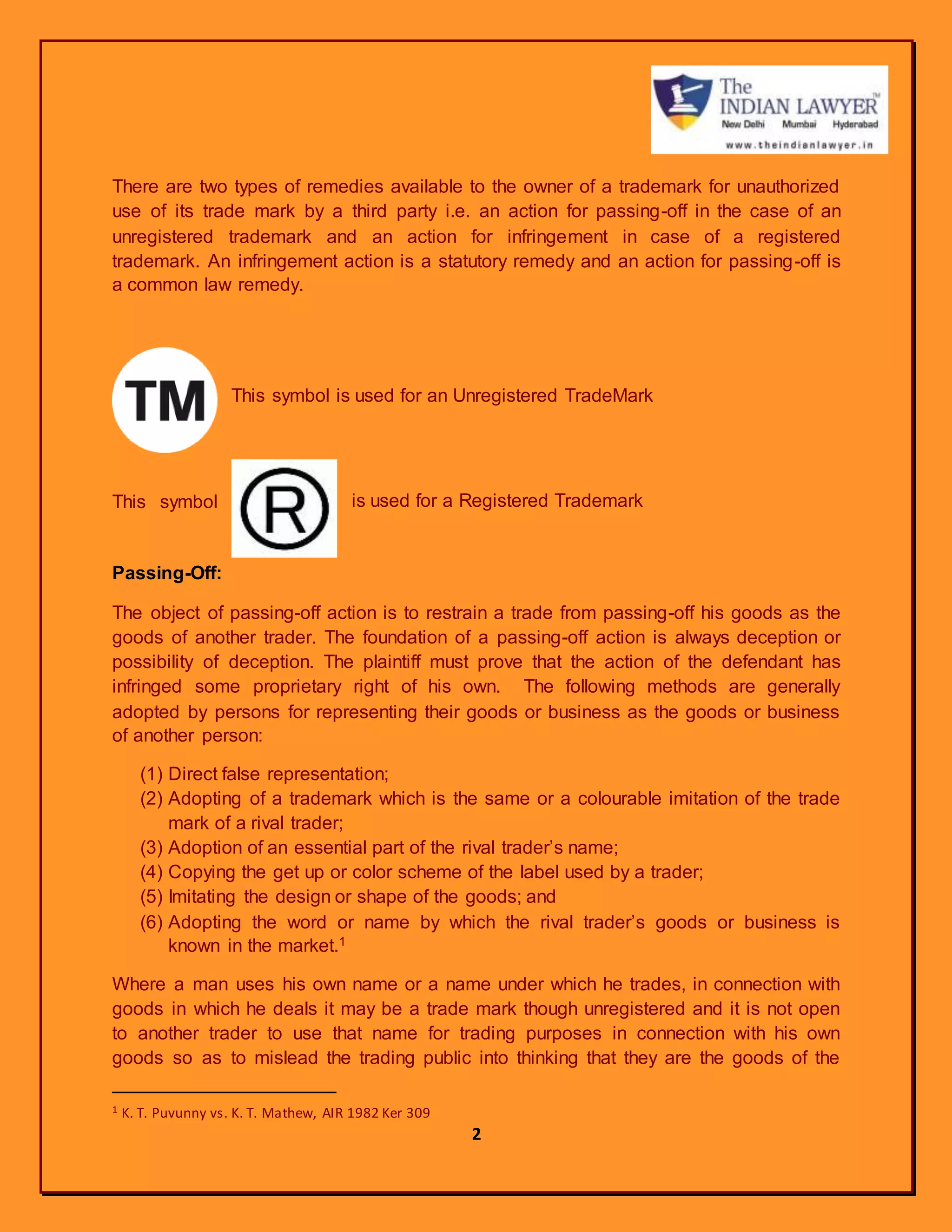 Rights of a Registered Trademark Owner in India | DOCX