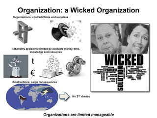 Organization: a Wicked Organization
Organizations are limited manageable
t
€
Organizations: contradictions and surprises
Small actions: Large consequences
Rationality decisions: limited by available money, time,
knowledge and resources
No 2nd chance
 