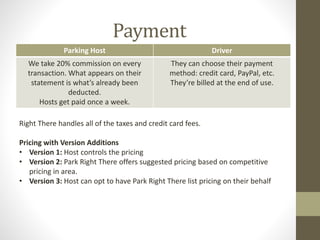 Payment 
Parking Host Driver 
We take 20% commission on every 
transaction. What appears on their 
statement is what’s already been 
deducted. 
Hosts get paid once a week. 
They can choose their payment 
method: credit card, PayPal, etc. 
They’re billed at the end of use. 
Right There handles all of the taxes and credit card fees. 
Pricing with Version Additions 
• Version 1: Host controls the pricing 
• Version 2: Park Right There offers suggested pricing based on competitive 
pricing in area. 
• Version 3: Host can opt to have Park Right There list pricing on their behalf 
 