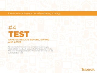#4
TESTANALYZE RESULTS BEFORE, DURING
AND AFTER
To accurately measure your campaign success, you
need reliable feedback about whether customers really
ﬁnd your messages relevant. This review process can be
automated as well.
4 Keys to an automated email marketing strategy
 