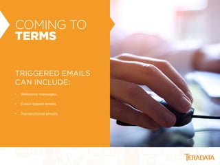 COMING TO
TERMS
TRIGGERED EMAILS
CAN INCLUDE:
•  Welcome messages.
•  Event-based emails.
•  Transactional emails.
 