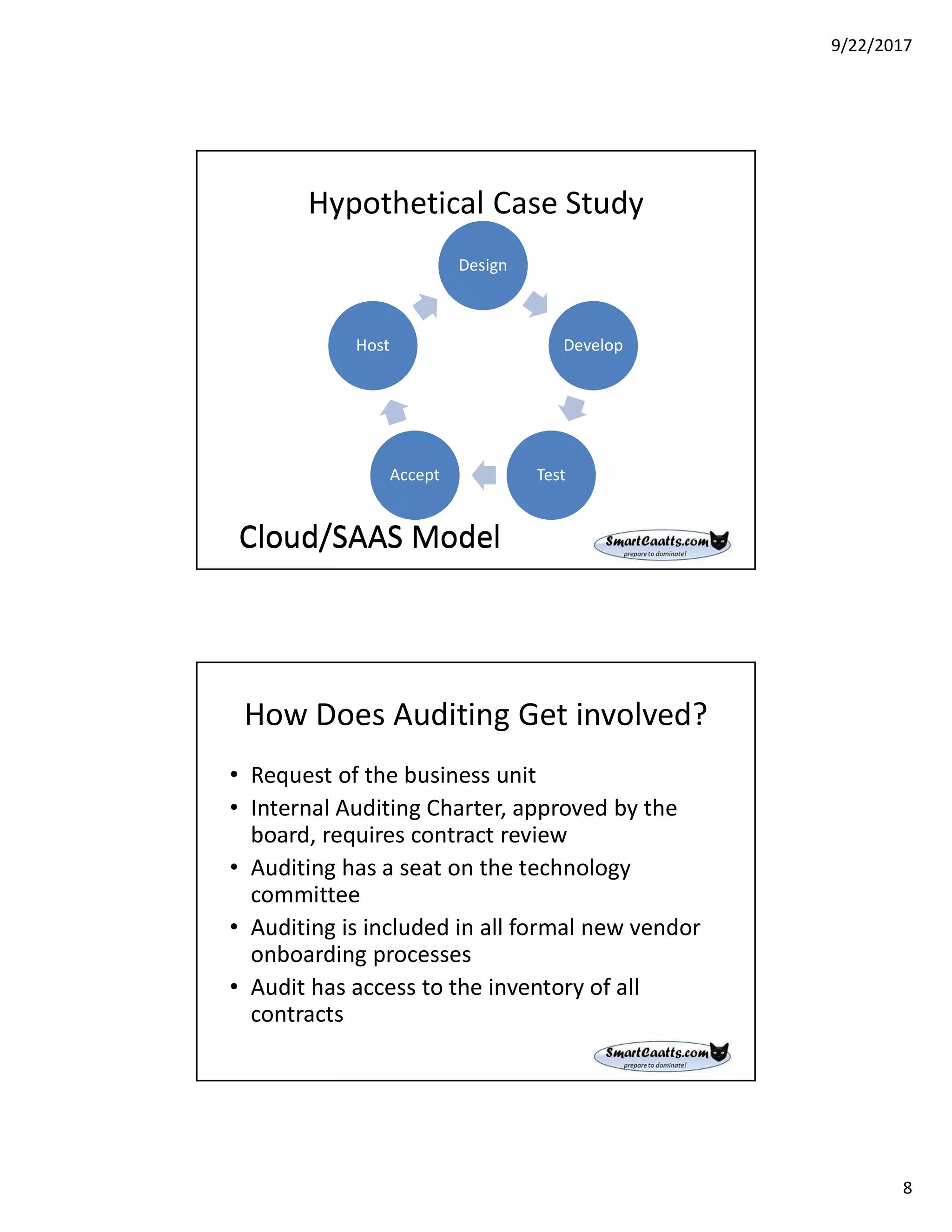 9/22/2017
8
Cloud/SAAS Model
Design
Develop
TestAccept
Host
Cloud/SAAS Model
Hypothetical Case Study
How Does Auditing Get involved?
• Request of the business unit
• Internal Auditing Charter, approved by the
board, requires contract review
• Auditing has a seat on the technology
committee
• Auditing is included in all formal new vendor
onboarding processes
• Audit has access to the inventory of all
contracts
 
