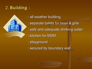 2.
2. Building :
Building :
: all weather building,
: all weather building,
: separate toilets for boys & girls
: separate toilets for boys & girls
: safe and adequate drinking water
: safe and adequate drinking water
: kitchen for MDM
: kitchen for MDM
: playground
: playground
: secured by boundary wall
: secured by boundary wall
 