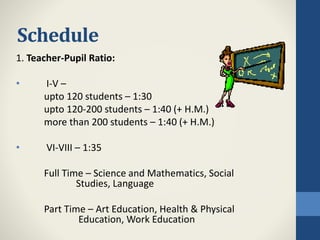 Schedule
1. Teacher-Pupil Ratio:
• I-V –
upto 120 students – 1:30
upto 120-200 students – 1:40 (+ H.M.)
more than 200 students – 1:40 (+ H.M.)
• VI-VIII – 1:35
Full Time – Science and Mathematics, Social
Studies, Language
Part Time – Art Education, Health & Physical
Education, Work Education
 
