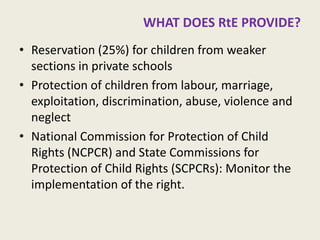 WHAT DOES RtE PROVIDE? 
•Reservation (25%) for children from weaker sections in private schools 
•Protection of children from labour, marriage, exploitation, discrimination, abuse, violence and neglect 
•National Commission for Protection of Child Rights (NCPCR) and State Commissions for Protection of Child Rights (SCPCRs): Monitor the implementation of the right. 
10  