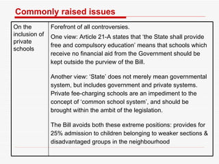 Commonly raised issues On the  inclusion of private schools Forefront of all controversies.  One view: Article 21-A states that ‘the State shall provide free and compulsory education’ means that schools which receive no financial aid from the Government should be kept outside the purview of the Bill.  Another view: ‘State’ does not merely mean governmental system, but includes government and private systems. Private fee-charging schools are an impediment to the concept of ‘common school system’, and should be brought within the ambit of the legislation.  The Bill avoids both these extreme positions: provides for 25% admission to children belonging to weaker sections & disadvantaged groups   in the neighbourhood 