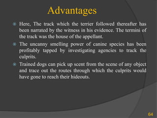 Advantages
64
 Here, The track which the terrier followed thereafter has
been narrated by the witness in his evidence. The termini of
the track was the house of the appellant.
 The uncanny smelling power of canine species has been
profitably tapped by investigating agencies to track the
culprits.
 Trained dogs can pick up scent from the scene of any object
and trace out the routes through which the culprits would
have gone to reach their hideouts.
 