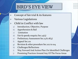  Concept of fair trial & its features
 Various Legislations
 Child in Conflict with law
a) Introduction, Objective, Purpose
b) Apprehension & Bail
c) Limitation
d) Fair & speedy enquiry Sec.14(5)
e) Preliminary Assessment Sec.15 & 18(3)
f) Appeal Sec.101
g) Revision & other procedure Sec.102 to 104
h) Challenges/Reflections
i) Way Forward And Action Plan On Identified Challenges
j) Promising Practices Around Any Of The Focus Areas
 