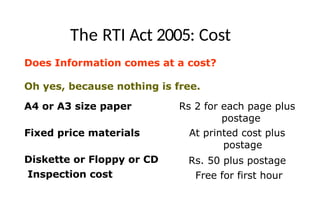 The RTI Act 2005: Cost
Does Information comes at a cost?
Oh yes, because nothing is free.
A4 or A3 size paper Rs 2 for each page plus
postage
At printed cost plus
postage
Rs. 50 plus postage
Free for first hour
Fixed price materials
Diskette or Floppy or CD
Inspection cost
 