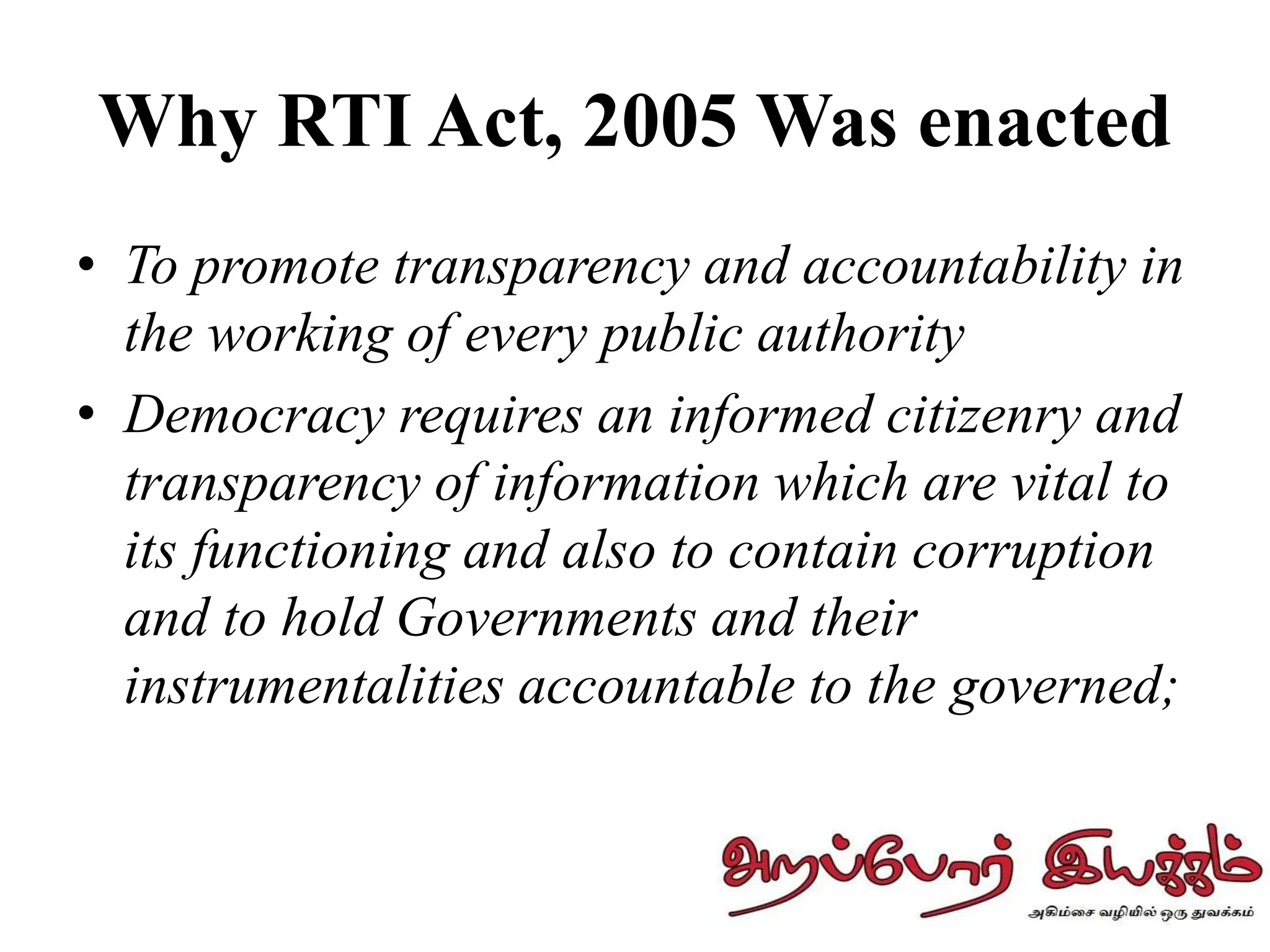 Right To Information Act 2005 Arappor Iyakkam Pptx