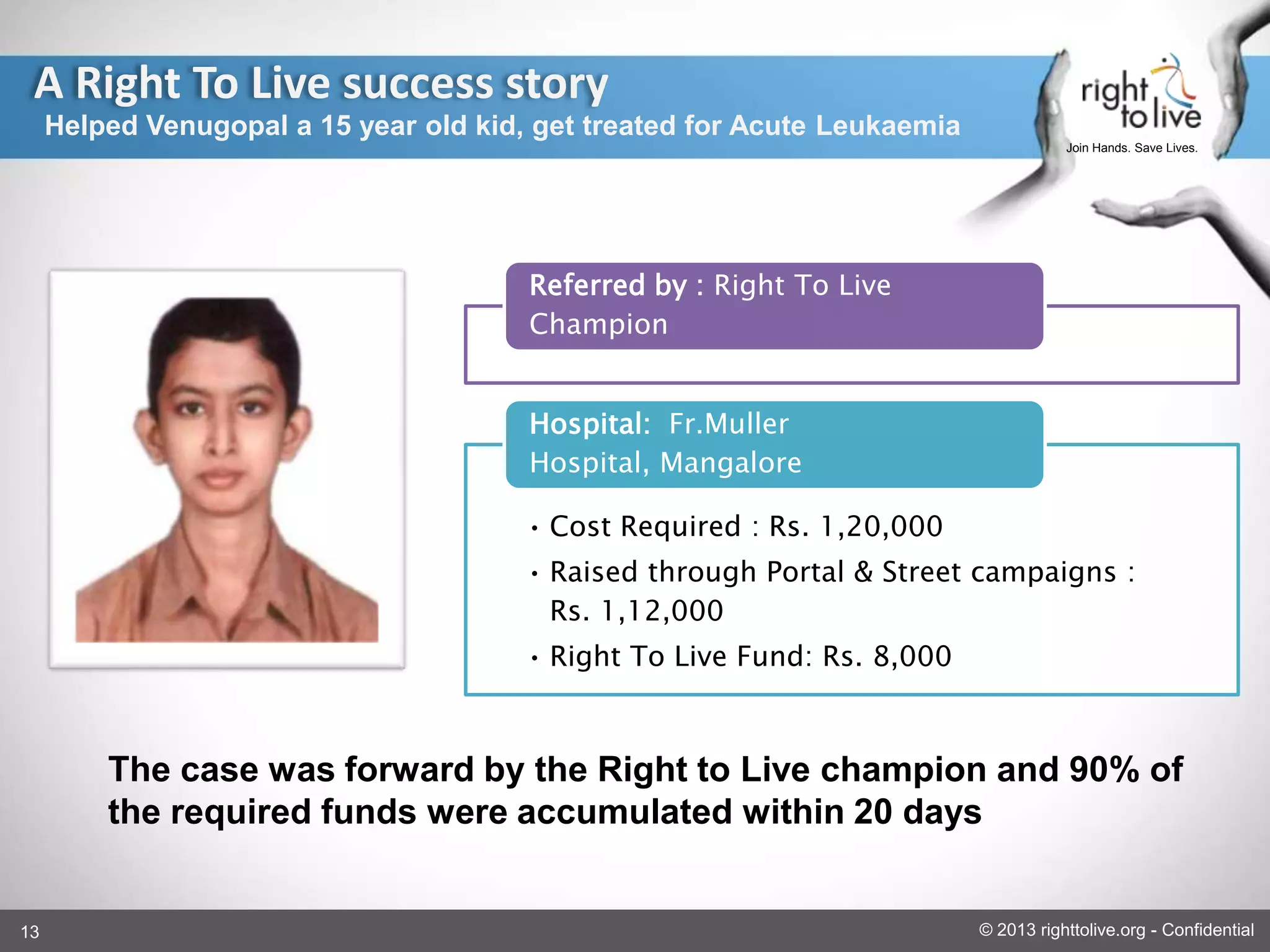 13 © 2013 righttolive.org - Confidential
Join Hands. Save Lives.
A Right To Live success story
The case was forward by the Right to Live champion and 90% of
the required funds were accumulated within 20 days
Referred by : Right To Live
Champion
• Cost Required : Rs. 1,20,000
• Raised through Portal & Street campaigns :
Rs. 1,12,000
• Right To Live Fund: Rs. 8,000
Hospital: Fr.Muller
Hospital, Mangalore
Helped Venugopal a 15 year old kid, get treated for Acute Leukaemia
 