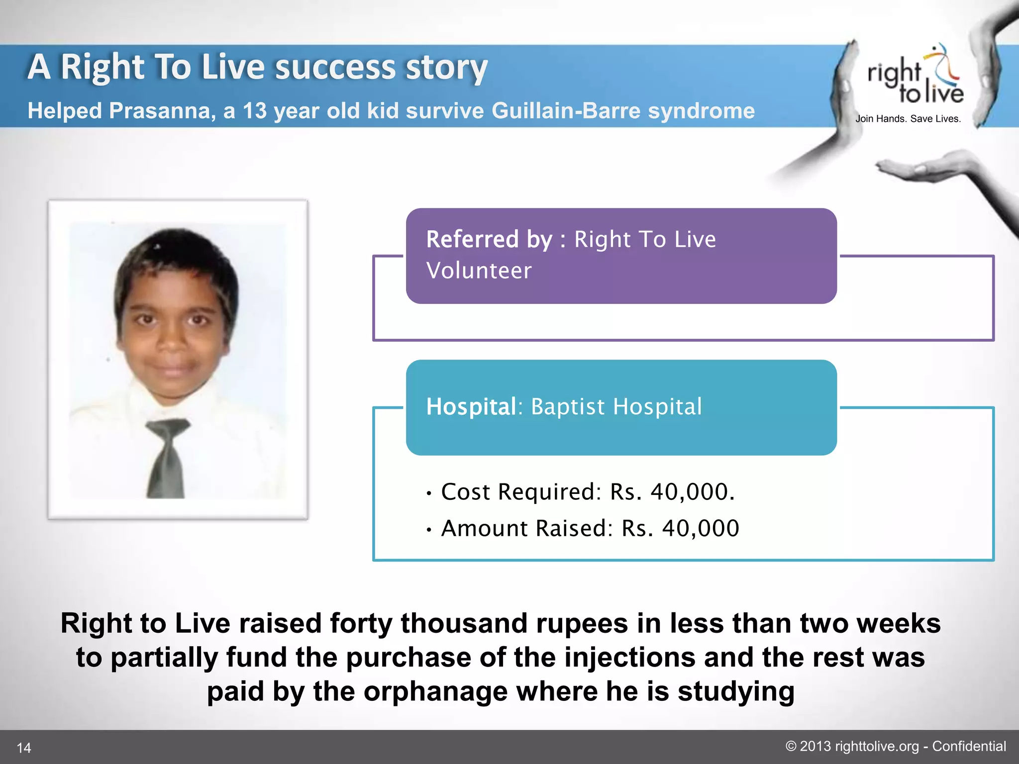 14 © 2013 righttolive.org - Confidential
Join Hands. Save Lives.
A Right To Live success story
Helped Prasanna, a 13 year old kid survive Guillain-Barre syndrome
Right to Live raised forty thousand rupees in less than two weeks
to partially fund the purchase of the injections and the rest was
paid by the orphanage where he is studying
Referred by : Right To Live
Volunteer
• Cost Required: Rs. 40,000.
• Amount Raised: Rs. 40,000
Hospital: Baptist Hospital
 
